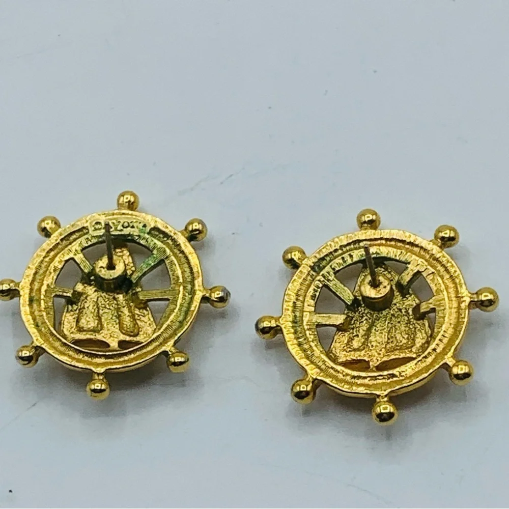 Avon Nautical Earrings Enamel Sailboat Ships Wheel Pierced Gold Tone Vin…